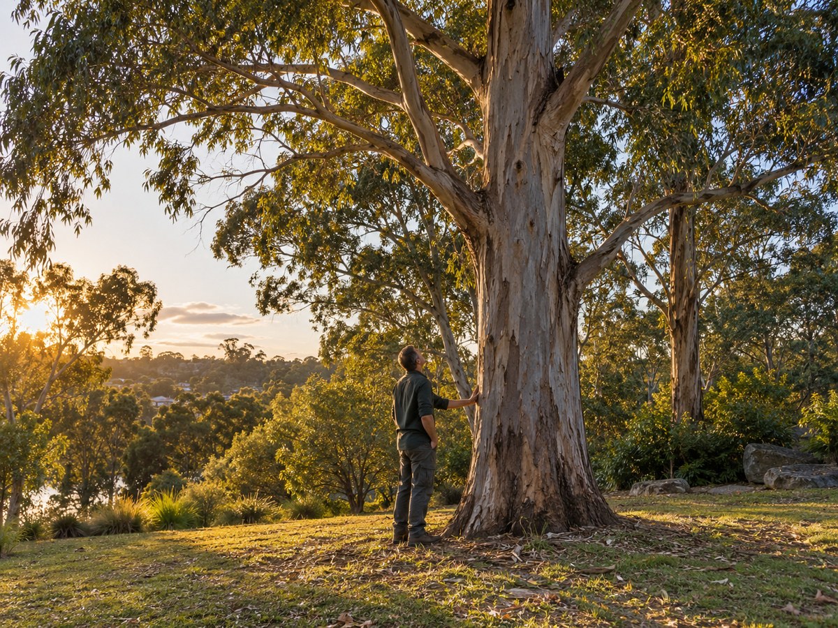 Liverpool Tree Permit Services consulting arborist reviewing a eucalyptus in a residential backyard