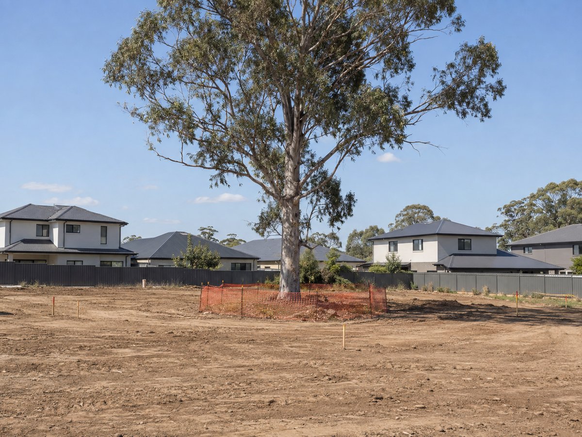 Retained eucalyptus with protection fencing on a cleared Liverpool residential development site