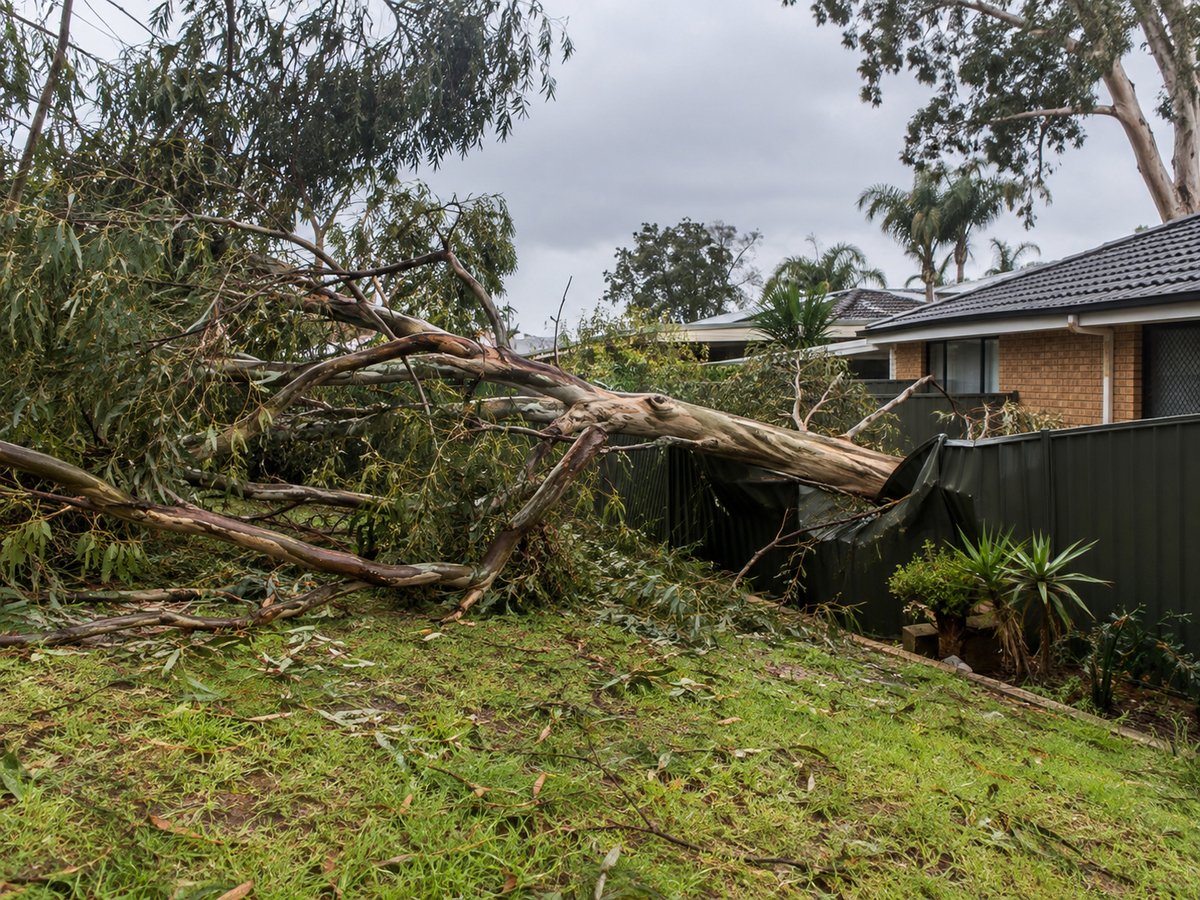Storm-damaged eucalyptus limb fallen across a Colorbond fence in a Liverpool backyard