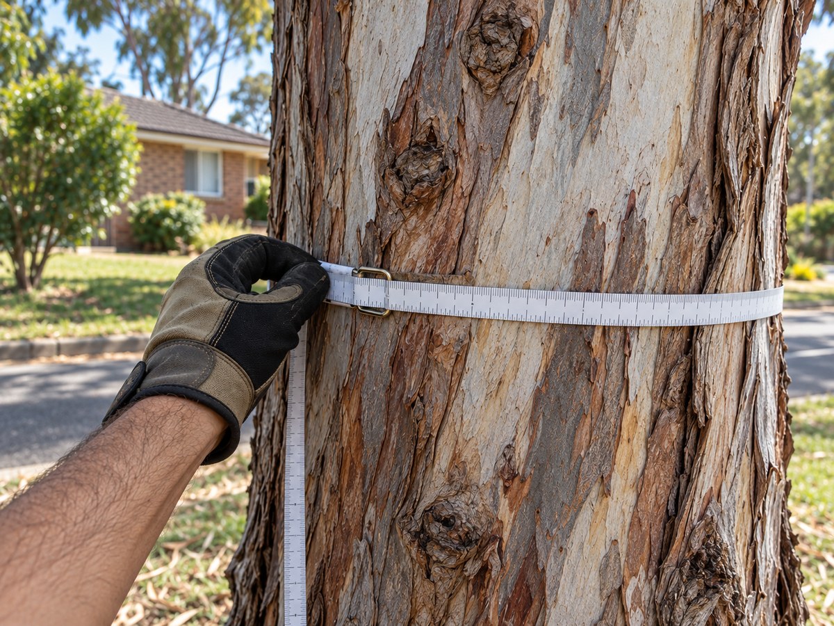 Arborist measuring the trunk diameter of a eucalyptus for a Liverpool arborist report