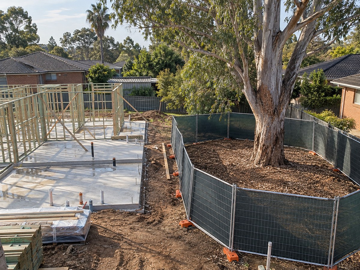 Retained eucalyptus behind temporary fencing on a Liverpool development site