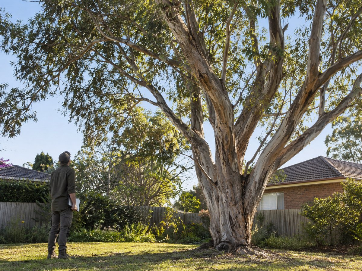 Consulting arborist inspecting the canopy of a large eucalyptus in a Liverpool backyard