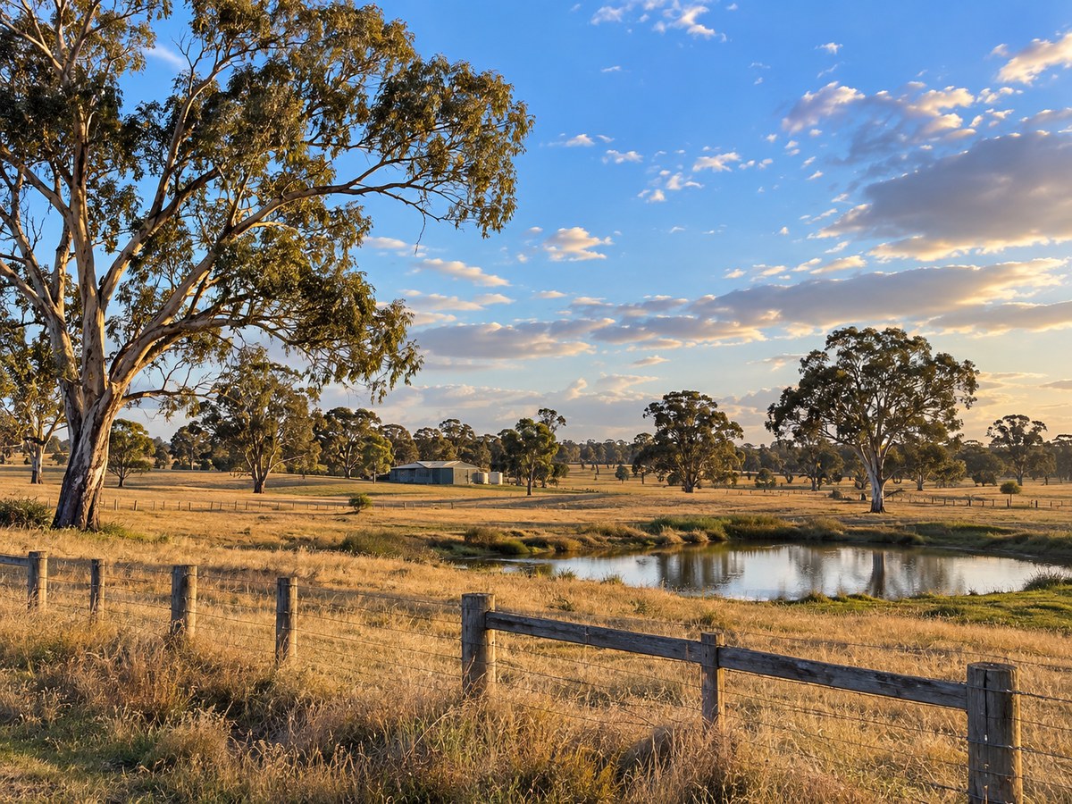 Remnant eucalypts, paddocks and a farm dam in the Liverpool rural lands near the Western Sydney Aerotropolis