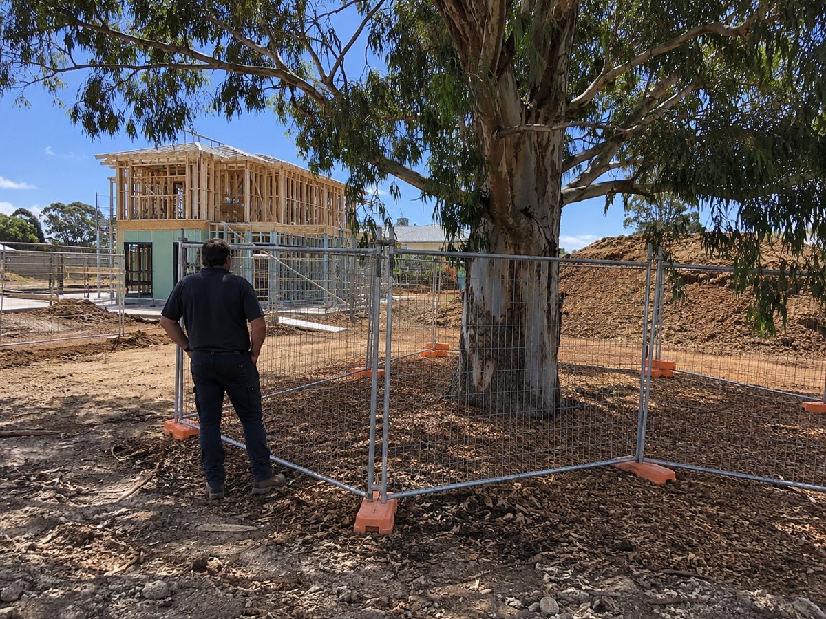 Project arborist inspecting a fenced tree protection zone beside a house under construction in Liverpool