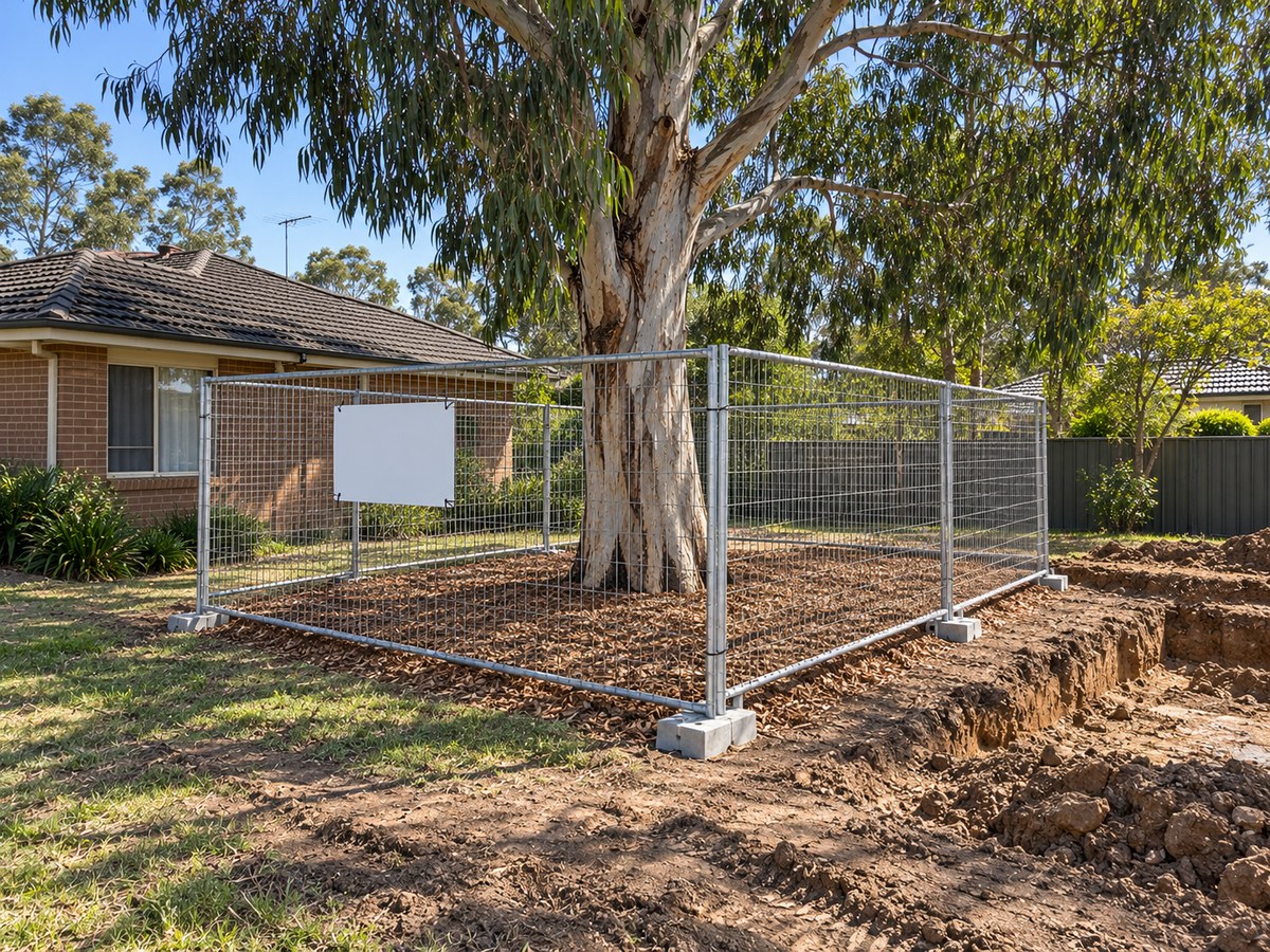 Tree protection fencing and mulch around a retained eucalyptus beside a Liverpool home