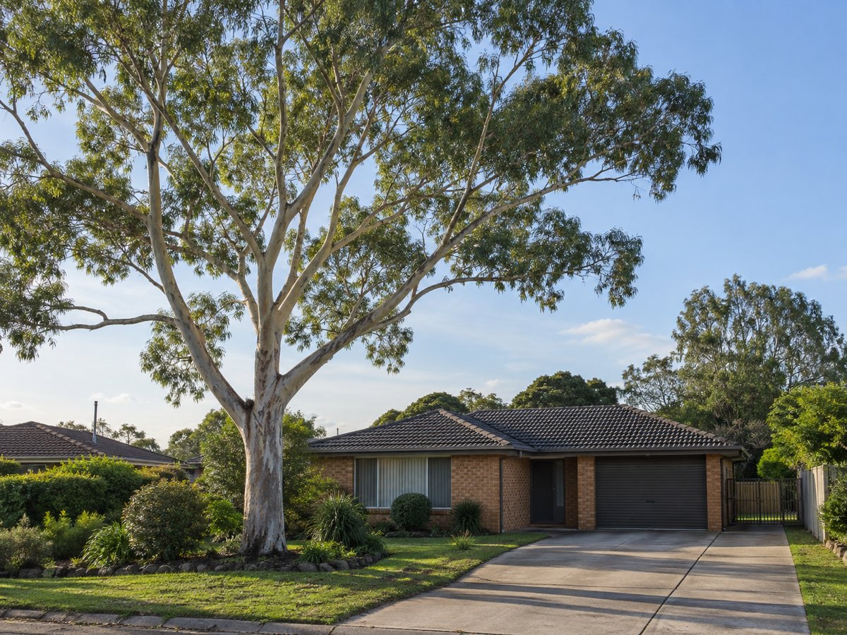 Professionally pruned eucalyptus with a lifted crown above a Liverpool brick home and driveway