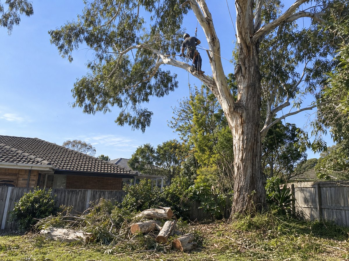 Arborist climbing a tall eucalyptus to remove it in sections behind a Liverpool home